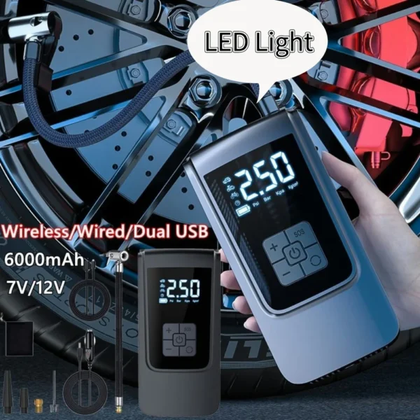 7.4/12V Car Tire Inflator LED Light Smart Air Compressor Mini Tire Pump Electric Inflator Pump for Vehicle Truck Motorbike Balls