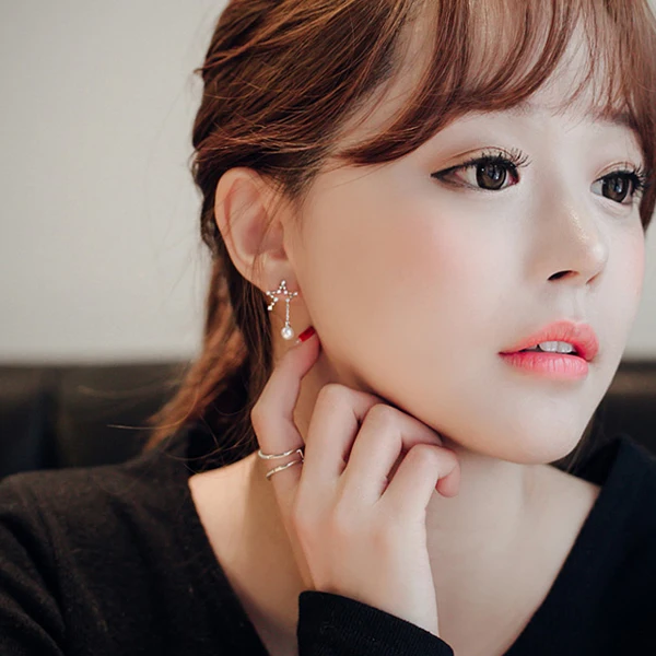 S925 Sterling Silver Star Tassel Asymmetric Pearl Earrings Korean Style Tempered Jewelry