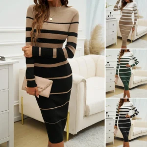 H2076bd6dab3c40c89ee4ab8f08aafff64.webp New Fall Women Knit Slim Dresses Stripe Bodycon Ribbed Knitted Sweater Dress for Women