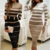 New Fall Women Knit Slim Dresses Stripe Bodycon Ribbed Knitted Sweater Dress for Women