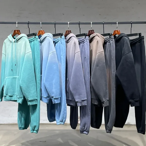 Custom logo Gradient Color Fleece Fabric Pullover Sweater Hoodies Unisex Sets Unisex Oversized Wash Sweatshirt and Jogger Set