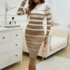 New Fall Women Knit Slim Dresses Stripe Bodycon Ribbed Knitted Sweater Dress for Women