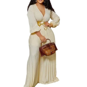 C8468 2022 New Design Summer V Neck Sexy Bandage Pleated Wide Leg Jumpsuit Women Plus Size Jumpsuits