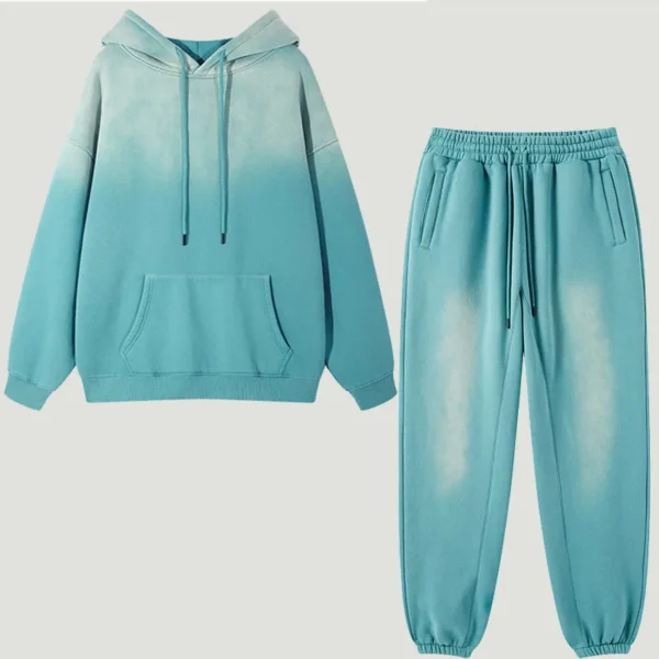 Custom logo Gradient Color Fleece Fabric Pullover Sweater Hoodies Unisex Sets Unisex Oversized Wash Sweatshirt and Jogger Set