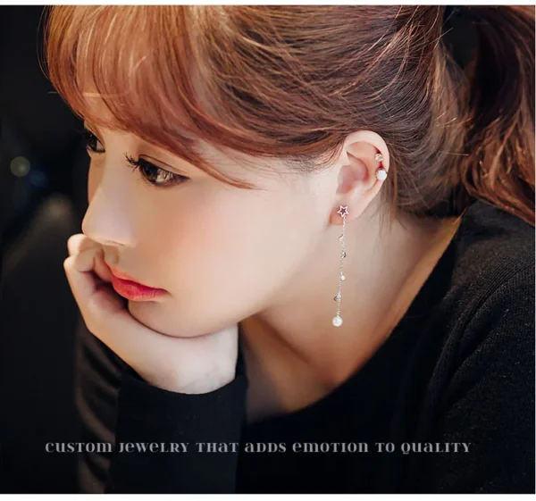 S925 Sterling Silver Star Tassel Asymmetric Pearl Earrings Korean Style Tempered Jewelry