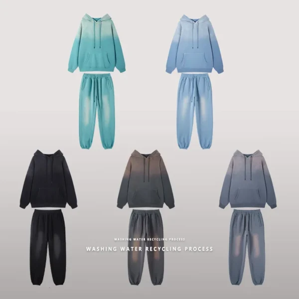 Custom logo Gradient Color Fleece Fabric Pullover Sweater Hoodies Unisex Sets Unisex Oversized Wash Sweatshirt and Jogger Set