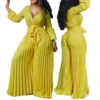 C8468 2022 New Design Summer V Neck Sexy Bandage Pleated Wide Leg Jumpsuit Women Plus Size Jumpsuits