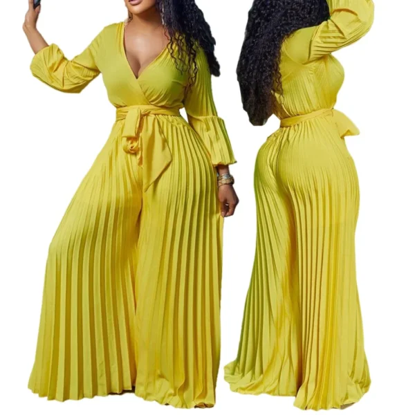 C8468 2022 New Design Summer V Neck Sexy Bandage Pleated Wide Leg Jumpsuit Women Plus Size Jumpsuits