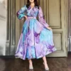 Spring Fall Women Clothes New Hot Sale Tie Dye Long Sleeved Temperament Long Skirt Dress