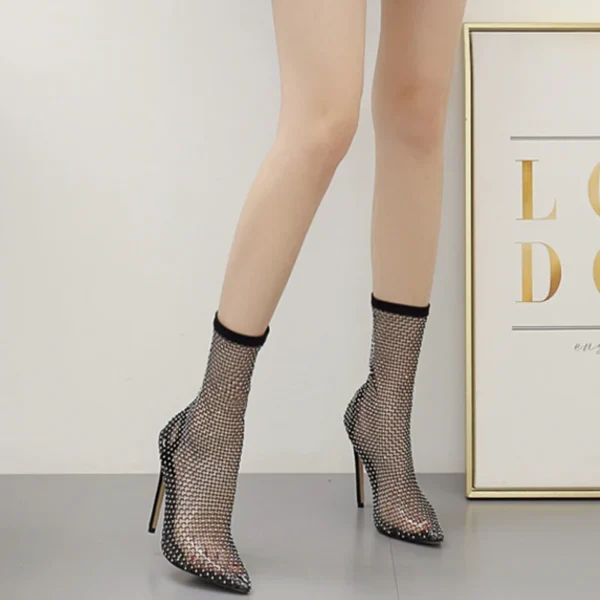 H4464beb42c20467eafaa9b49a344253f4.webp Summer Mesh Sandals Boots Black Mesh Sexy Open Toe Women's Shoes Rhinestone Stiletto High Heels