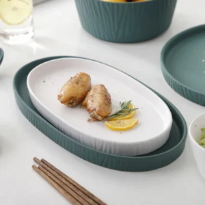Simple Design Hotel Restaurant Matte Dark Green White Porcelain Plate Set Nordic Ceramic Dinnerware Set
